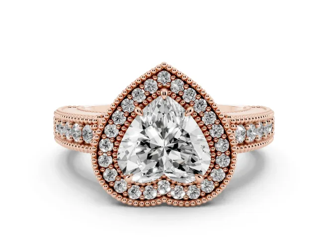 Heart-Shaped Vintage Milgrain Halo Engagement Ring Setting | Carved Leaf Detail | Rose Gold