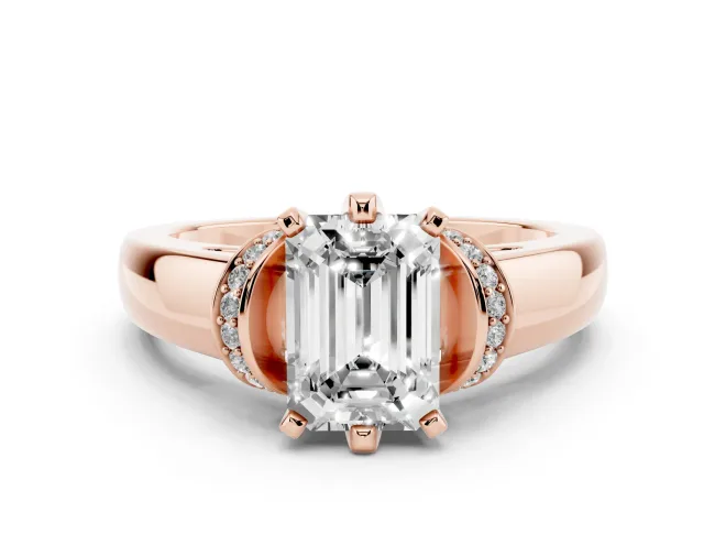 Emerald Cut Pavé Collar Solitaire Engagement Ring Setting | Wide Polished Band | Rose Gold