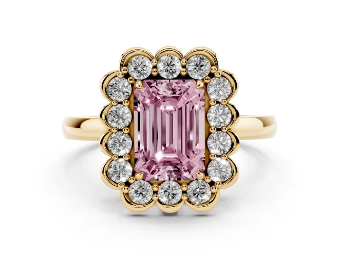 Emerald Cut Scalloped Cluster Halo Engagement Ring Setting for a Fancy Pink Lab-Grown Diamond | Plain Band | Yellow Gold