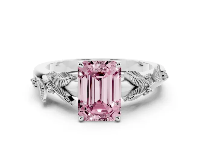 Emerald Cut Leaf Solitaire Engagement Ring Setting for a Fancy Pink Lab-Grown Diamond | White Gold