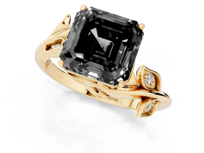 Fancy Black Asscher Cut Diamond Solitaire Twist Engagement Ring Set in Yellow gold with Pavé Leaf Accents – second view