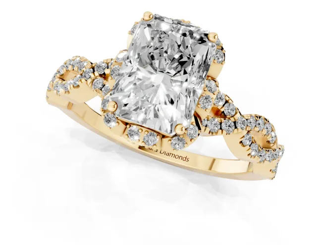 Radiant Cut Diamond Halo Twist Band Solitaire Ring Set in Yellow gold with Prong-Set Center Stone – second view