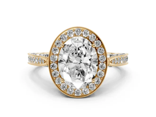 Oval Cut Diamond Halo Engagement Ring Set in Yellow gold with Accent Split Shank Band