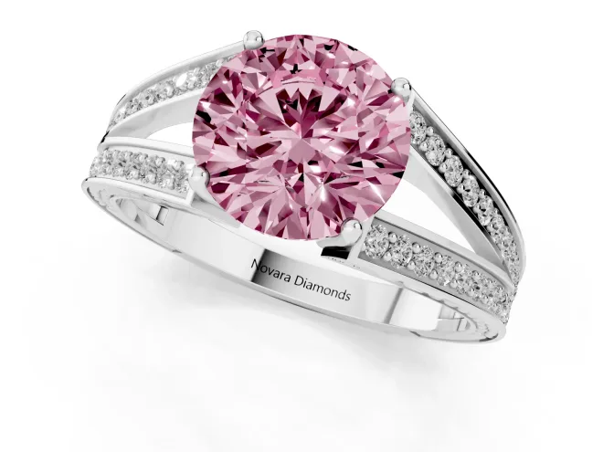 Fancy Pink Round Cut Diamond Split Shank Ring Set in Silver with Pavé Band and Prong Setting – second view