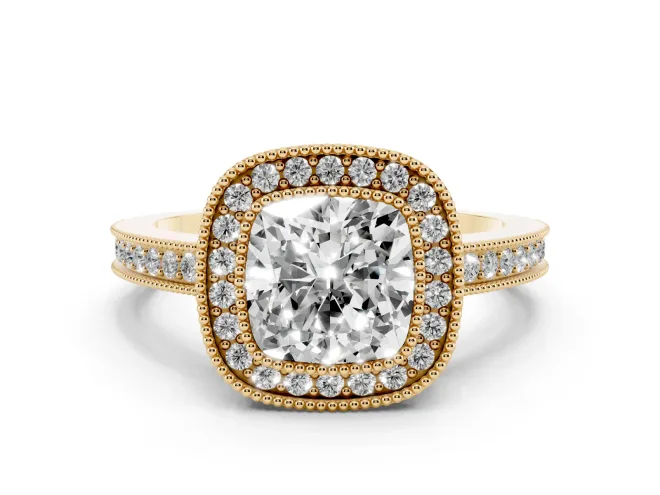 Cushion Cut Vintage Milgrain Halo Engagement Ring Setting | Filigree Gallery | Yellow Gold