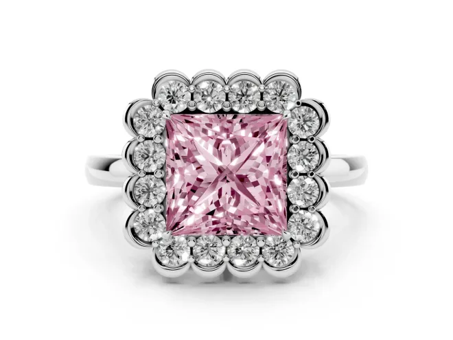 Princess Cut Scalloped Cluster Halo Engagement Ring Setting for a Fancy Pink Lab-Grown Diamond | Plain Band | White Gold