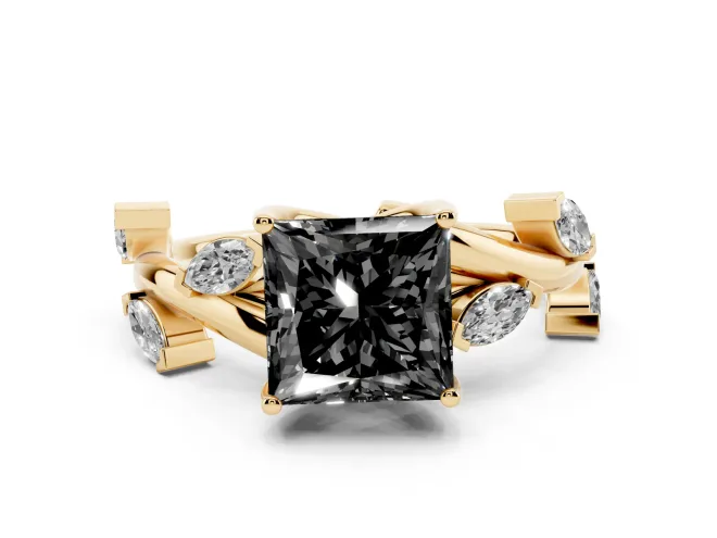 Fancy Black Princess Cut Diamond Solitaire Ring Set in Yellow gold with Twisted Marquise Accent Band