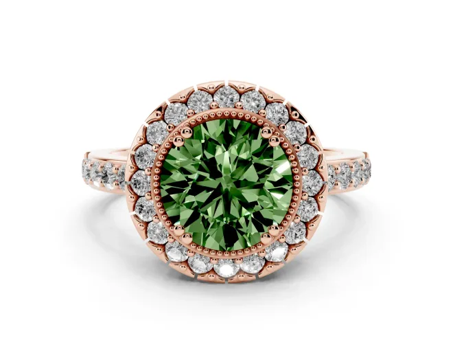 Fancy Green Round Cut Diamond Halo Ring Set in Rose gold with Pavé Shank and Prong Setting