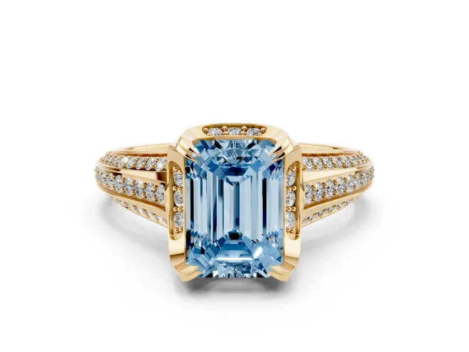 Emerald Cut Hidden Halo Engagement Ring Setting for a Fancy Blue Lab-Grown Diamond | Triple Row Pavé Band | Yellow Gold