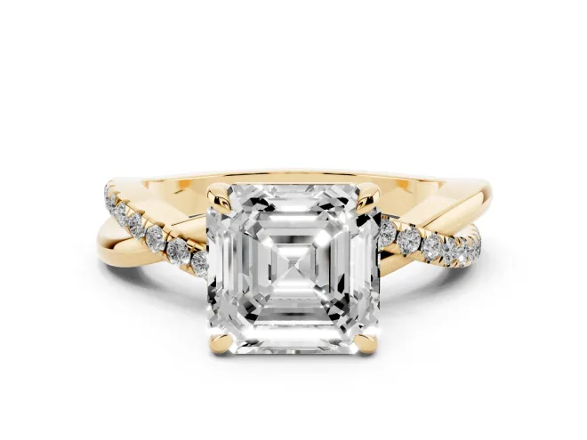 Asscher Cut Pavé Twist Engagement Ring Setting | Crossover Band | Yellow Gold