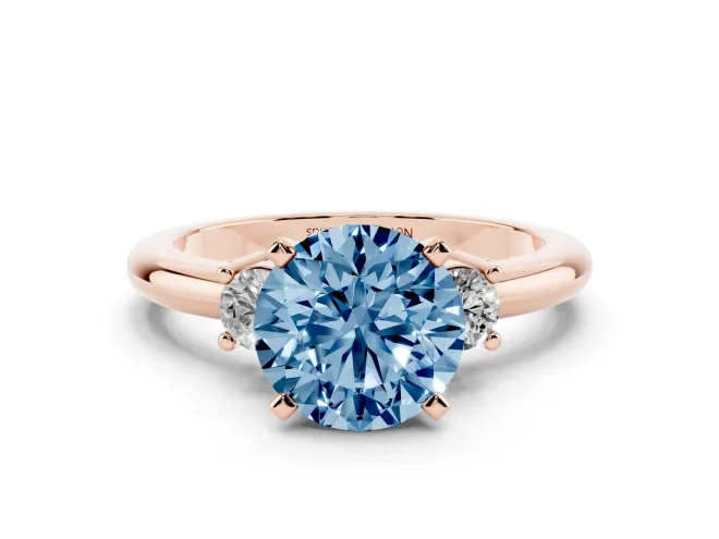 Round Three Stone Engagement Ring Setting for a Fancy Blue Lab-Grown Diamond | Round Side Stones | Rose Gold