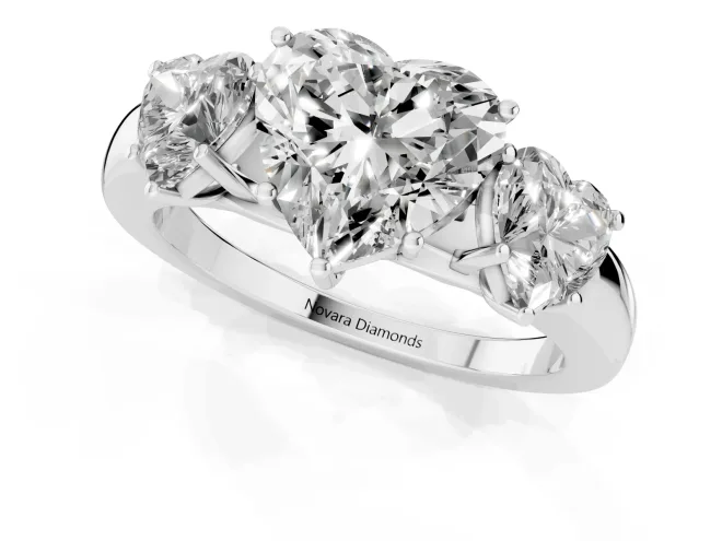 Heart Cut Diamond Three-Stone Ring Set in Silver with Bold Center and Classic Band – second view