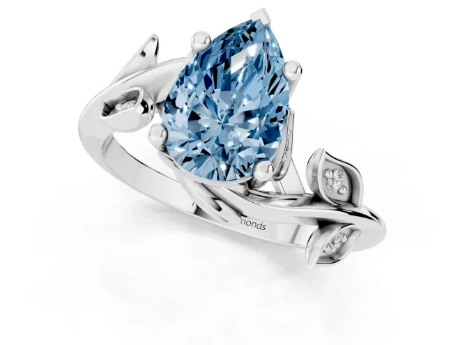 Fancy Blue Pear Cut Diamond Solitaire Twist Engagement Ring Set in Silver with Pavé Leaf Accents – second view