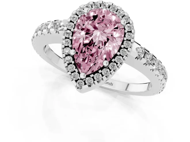 Fancy Pink Pear Cut Diamond Halo Ring Set in White gold with Pavé Shoulders and Halo-Framed Center – second view