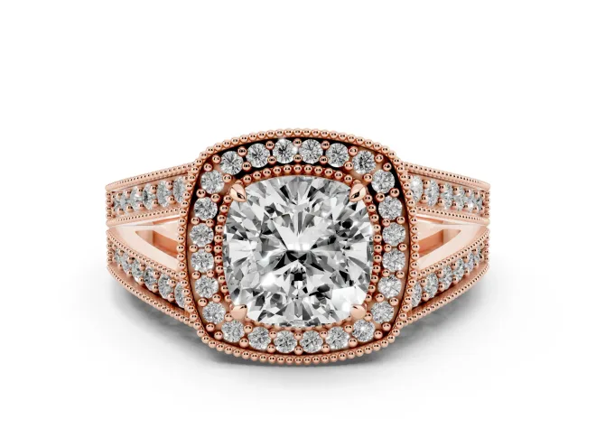 Cushion Cut Diamond Halo Ring Set in Rose gold with Stone-Set Split Shank and Milgrain Edges