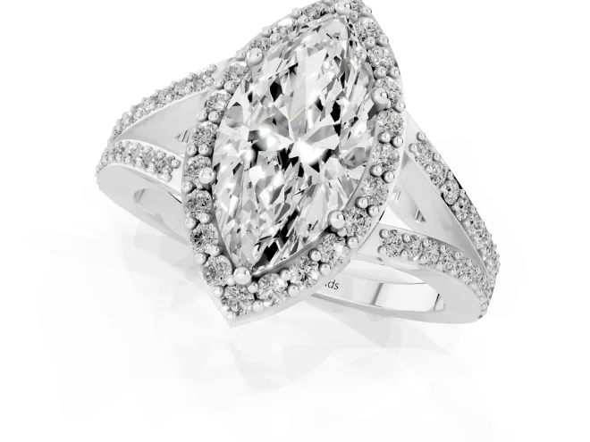 Marquise Cut Diamond Halo Split Shank Pavé Ring Set in White gold with Prong Setting – second view