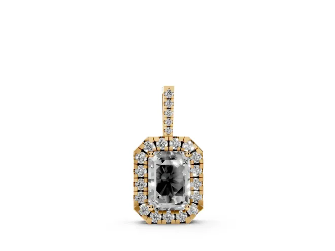 Emerald Cut Lab-Grown Diamond Halo Pendant Necklace | Graduated Pavé Bail | Yellow Gold