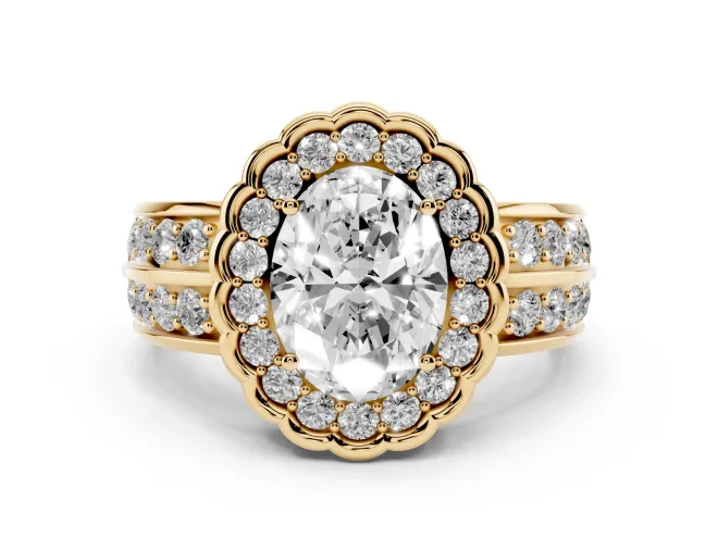 Oval Scalloped Halo Engagement Ring Setting | Double Row Band | Yellow Gold