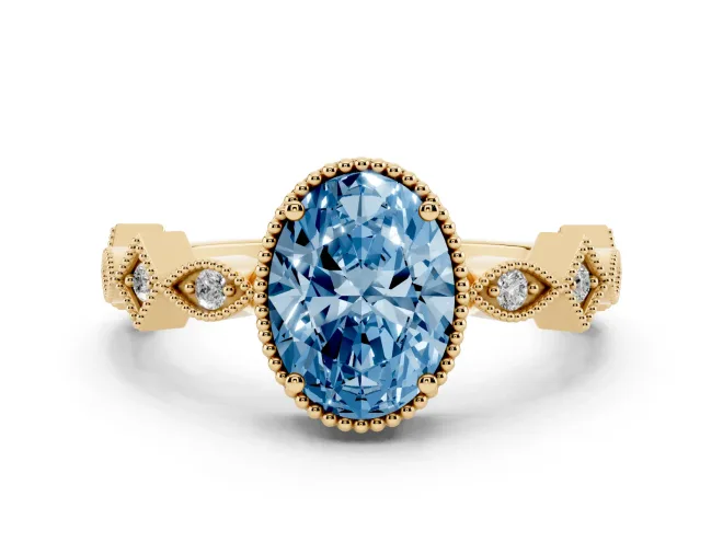Oval Milgrain Bezel Engagement Ring Setting for a Fancy Blue Lab-Grown Diamond | Yellow Gold