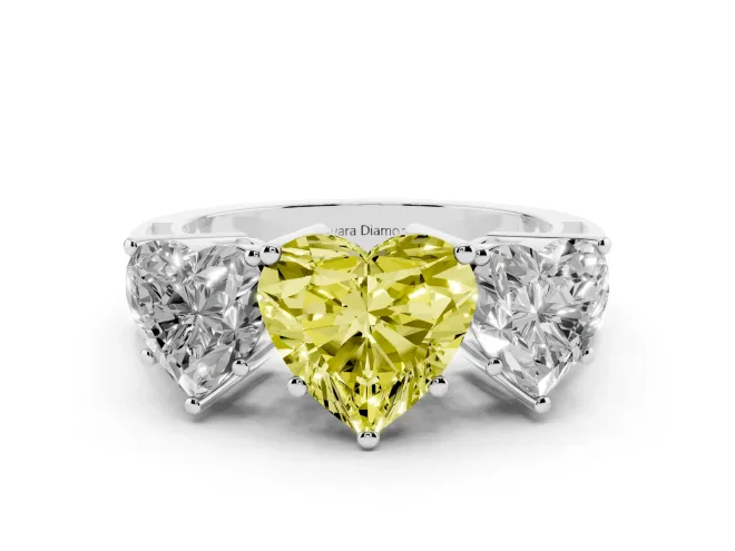 Fancy Yellow Heart Cut Diamond Three-Stone Ring Set in White gold with Textured Band
