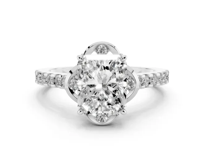 Radiant Cut Diamond Solitaire Ring Set in Platinum with Pavé Band and Floral Prong Setting