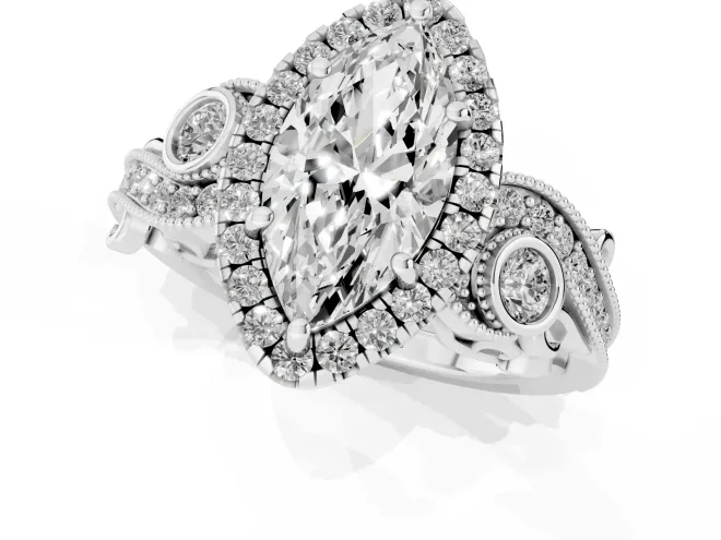 Marquise Cut Diamond Halo Ring Set in Platinum with Milgrain Pavé Band and Prong Setting – second view