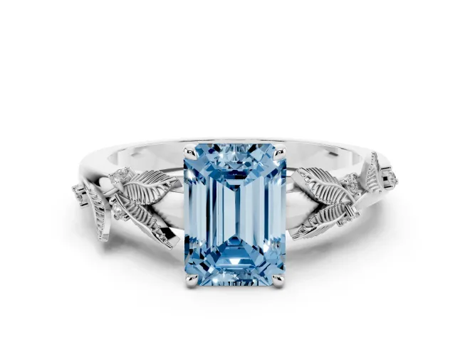 Emerald Cut Leaf Solitaire Engagement Ring Setting for a Fancy Blue Lab-Grown Diamond | White Gold