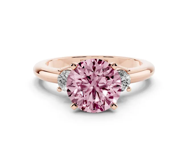 Round Three Stone Engagement Ring Setting for a Fancy Pink Lab-Grown Diamond | Round Side Stones | Rose Gold