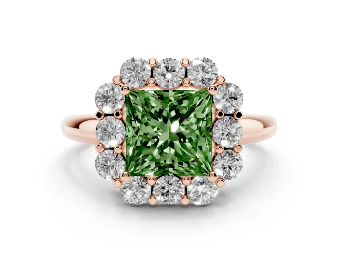 Princess Cut Graduated Milgrain Halo Engagement Ring Setting for a Fancy Green Lab-Grown Diamond | Rose Gold