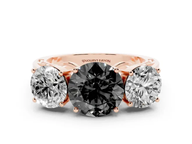 Fancy Black Round Cut Diamond Three-Stone Ring Set in Rose gold with Textured Band