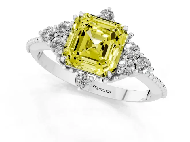 Fancy Yellow Asscher Cut Diamond Cluster Ring Set in Platinum with Beaded Band – second view