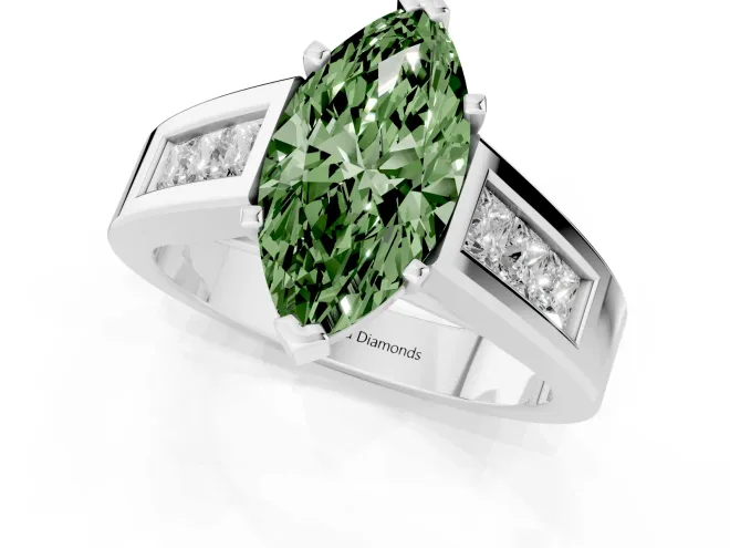 Fancy Green Marquise Cut Diamond Solitaire Ring Set in White gold with Channel-Set Accent Stones and Prong Setting – second view
