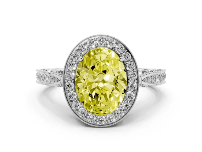 Fancy Yellow Oval Cut Diamond Halo Engagement Ring Set in White gold with Accent Split Shank Band