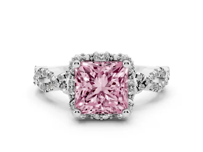 Princess Cut Milgrain Halo Engagement Ring Setting for a Fancy Pink Lab-Grown Diamond | Graduated Shoulders | White Gold