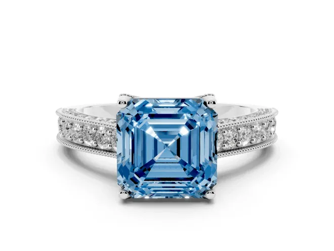 Asscher Cut Hidden Halo Engagement Ring Setting for a Fancy Blue Lab-Grown Diamond | Milgrain Pavé | Platinum
