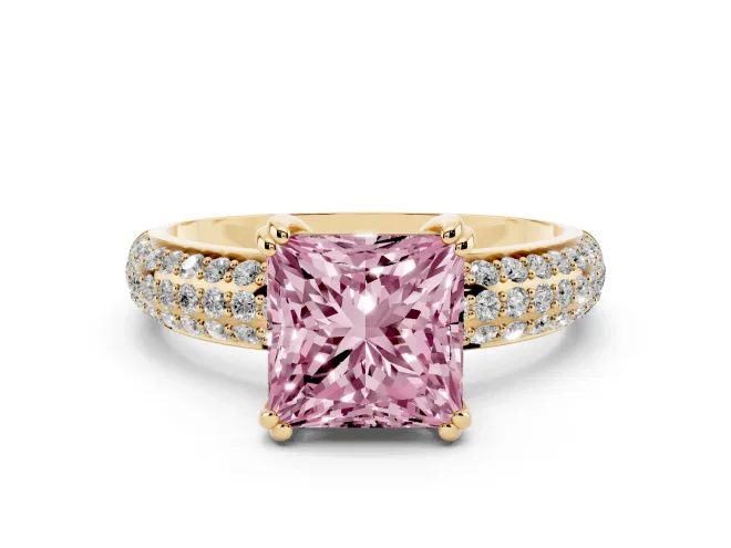 Princess Cut Three Row Pavé Engagement Ring Setting for a Fancy Pink Lab-Grown Diamond | Yellow Gold