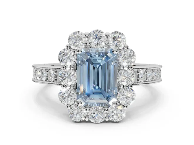 Emerald Cut Vintage Halo Engagement Ring Setting for a Fancy Blue Lab-Grown Diamond | White Gold