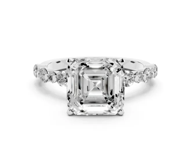 Asscher Cut Diamond Prong Set Engagement Ring Set in Silver with Round Accent Pavé Band