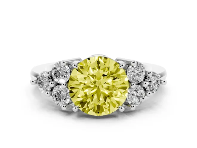 Fancy Yellow Round Cut Diamond Solitaire Ring Set in Silver with Cluster Accents on Each Side