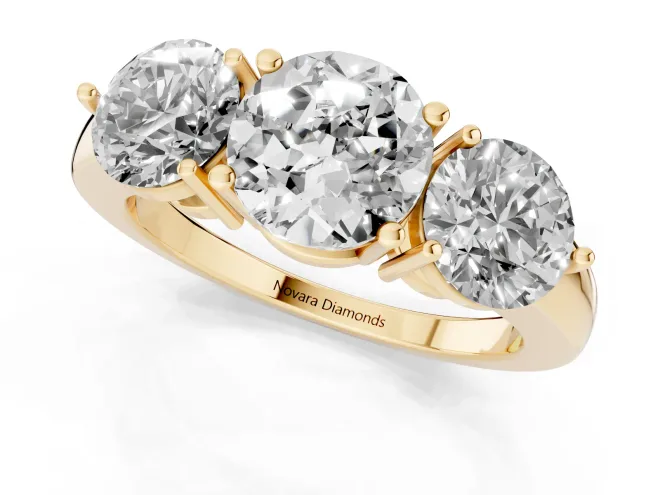 Round Cut Diamond Three-Stone Ring Set in Yellow gold with Prong Setting and Plain Band – second view