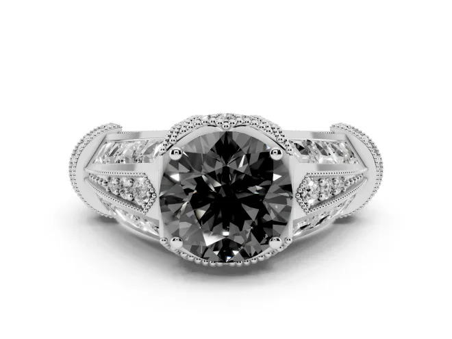 Fancy Black Round Cut Diamond Vintage-Inspired Milgrain Ring Set in Platinum with Accent Split Shank