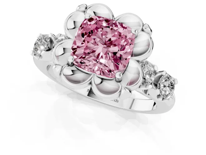 Fancy Pink Cushion Cut Diamond Floral Halo Ring Set in Platinum with Shared Prong Band – second view