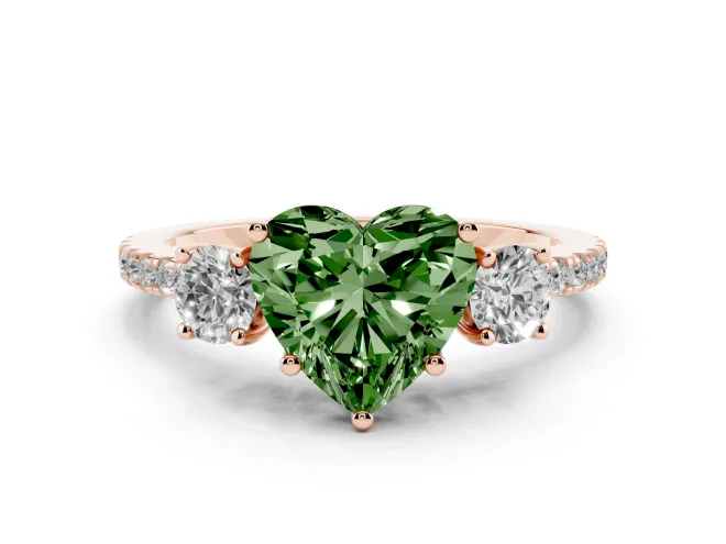 Heart-Shaped Three Stone Engagement Ring Setting for a Fancy Green Lab-Grown Diamond | Pavé Shoulders | Rose Gold