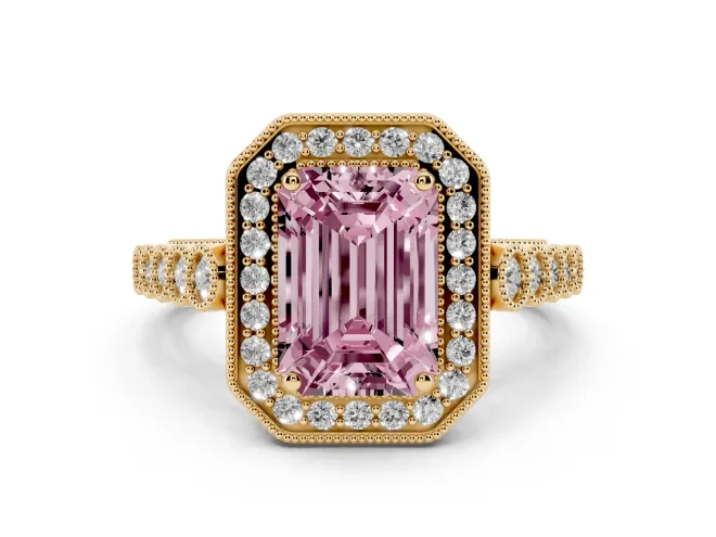 Emerald Cut Graduated Milgrain Halo Engagement Ring Setting for a Fancy Pink Lab-Grown Diamond | Yellow Gold