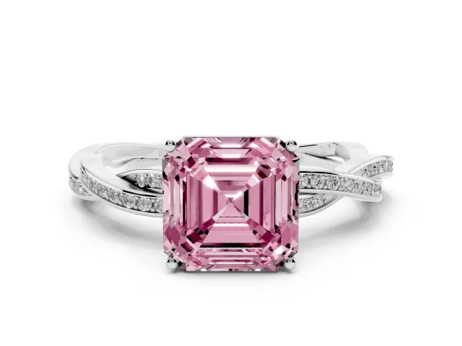 Asscher Cut Twisted Pavé Solitaire Engagement Ring Setting for a Fancy Pink Lab-Grown Diamond | Open Basket | White Gold