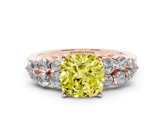 Cushion Cut Side Stone Engagement Ring Setting for a Fancy Yellow Lab-Grown Diamond | Shoulder Clusters | Rose Gold