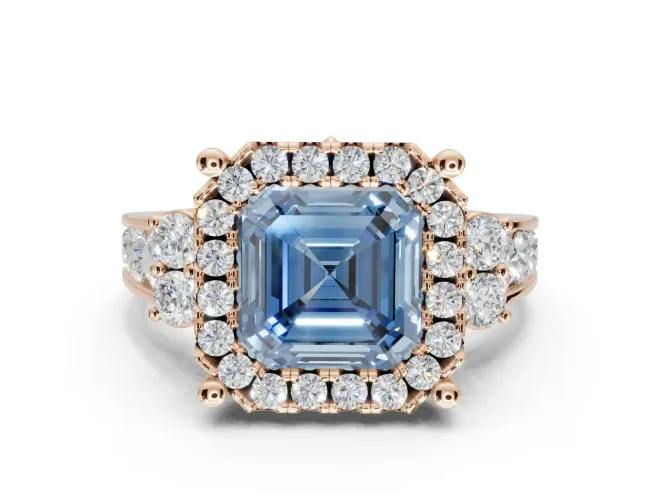 Asscher Cut Halo Engagement Ring Setting for a Fancy Blue Lab-Grown Diamond | Graduated Channel Band | Rose Gold