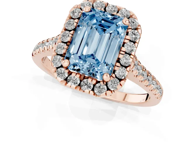 Emerald Cut Halo Engagement Ring Setting for a Fancy Blue Lab-Grown Diamond | Tapered Band | Rose Gold – second view