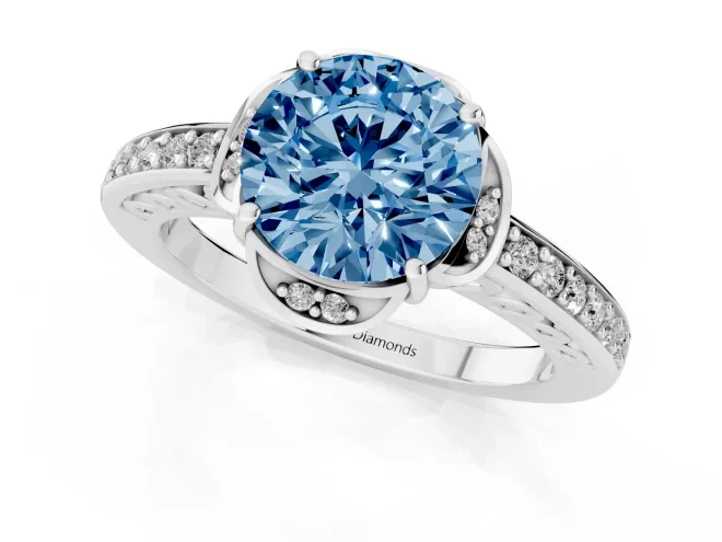 Fancy Blue Round Cut Diamond Halo Ring Set in Platinum with Channel Set Band and Prong Setting – second view