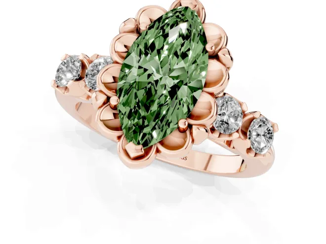 Fancy Green Marquise Cut Diamond Floral Halo Ring Set in Rose gold with Shared Prong Band – second view